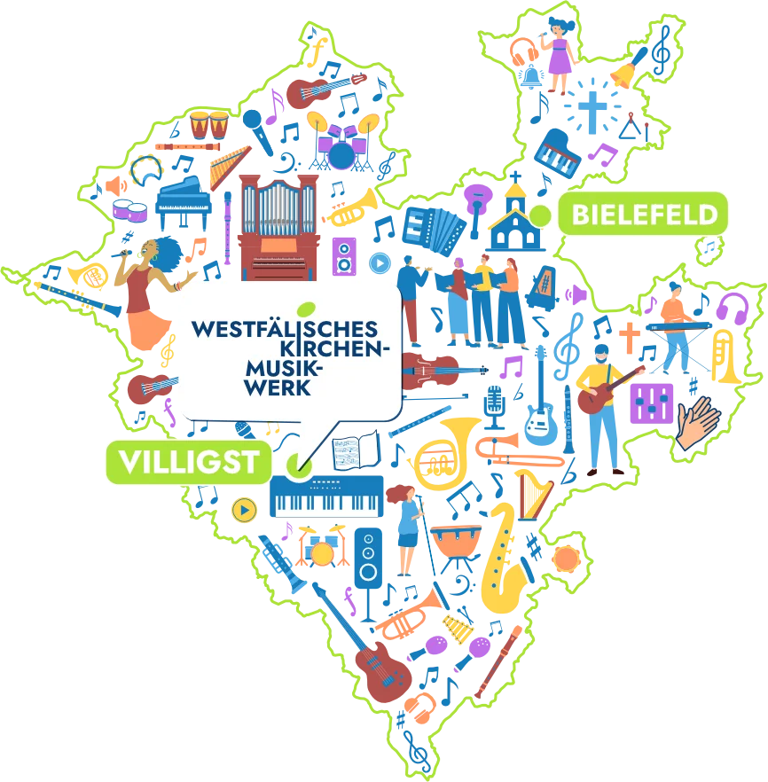 Collage verschiedener Musikinstrumente in Form eines Herzens angeordnet